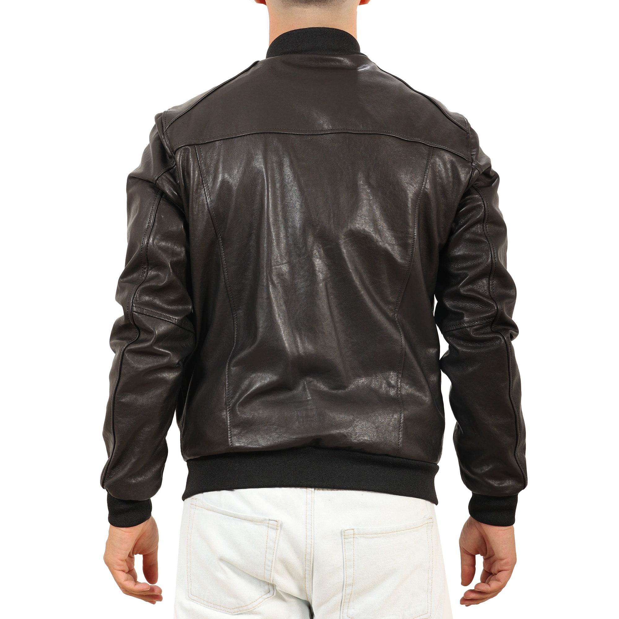 Giubbino in vera pelle di vitello rifinizione vegetale Nero -Slim Fit