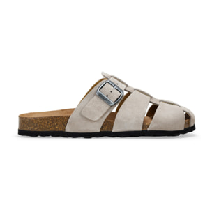 Zuecos de piel piedra con hebilla y suela de corcho