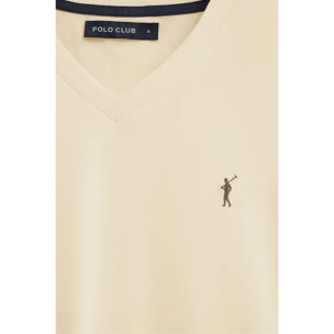Camiseta color crema de cuello pico con logo Rigby Go