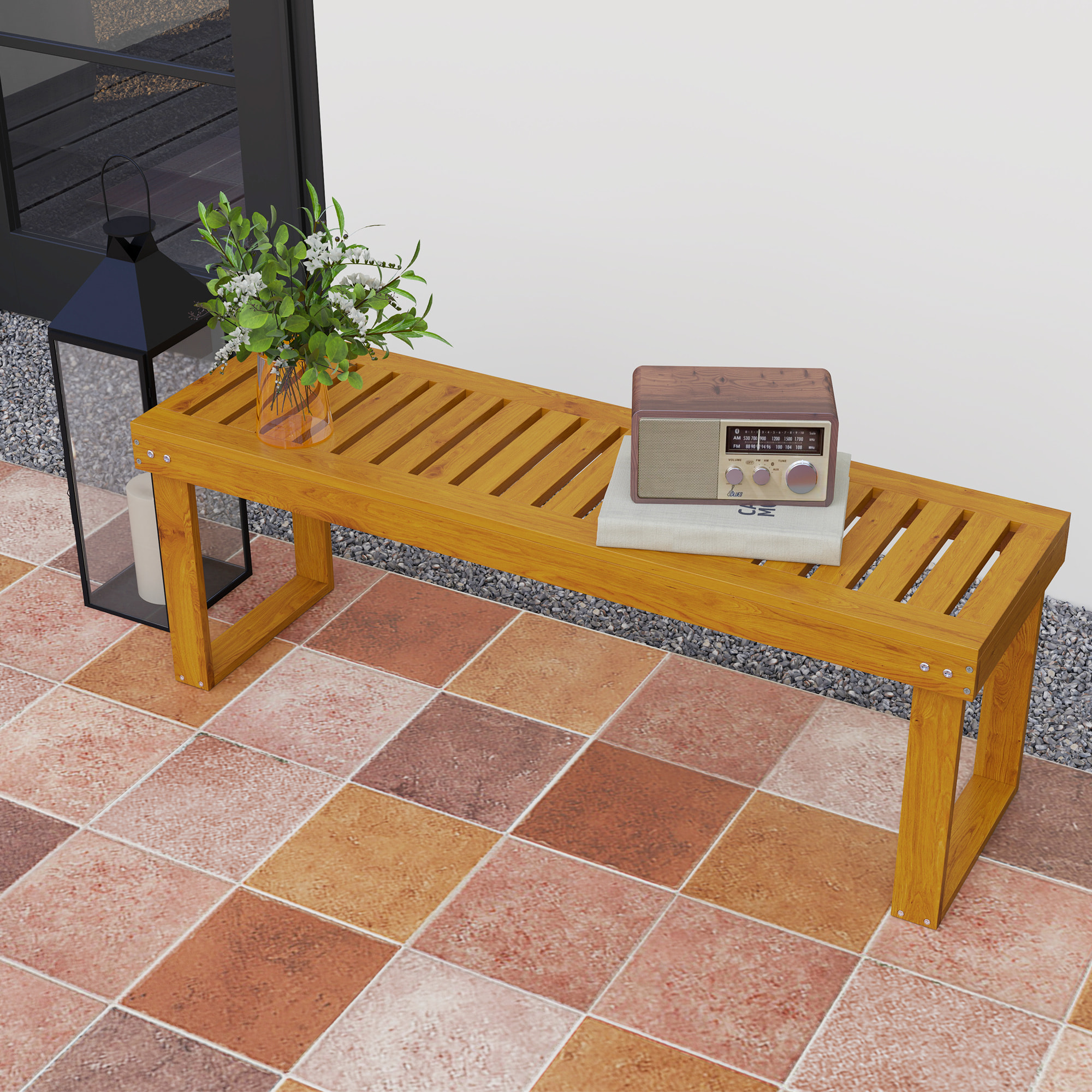 Banco de Jardín de 2 Plazas Banco de Madera Asiento de Lamas Carga 300 kg Banco para Patio Terraza 120x34x43 cm Teca