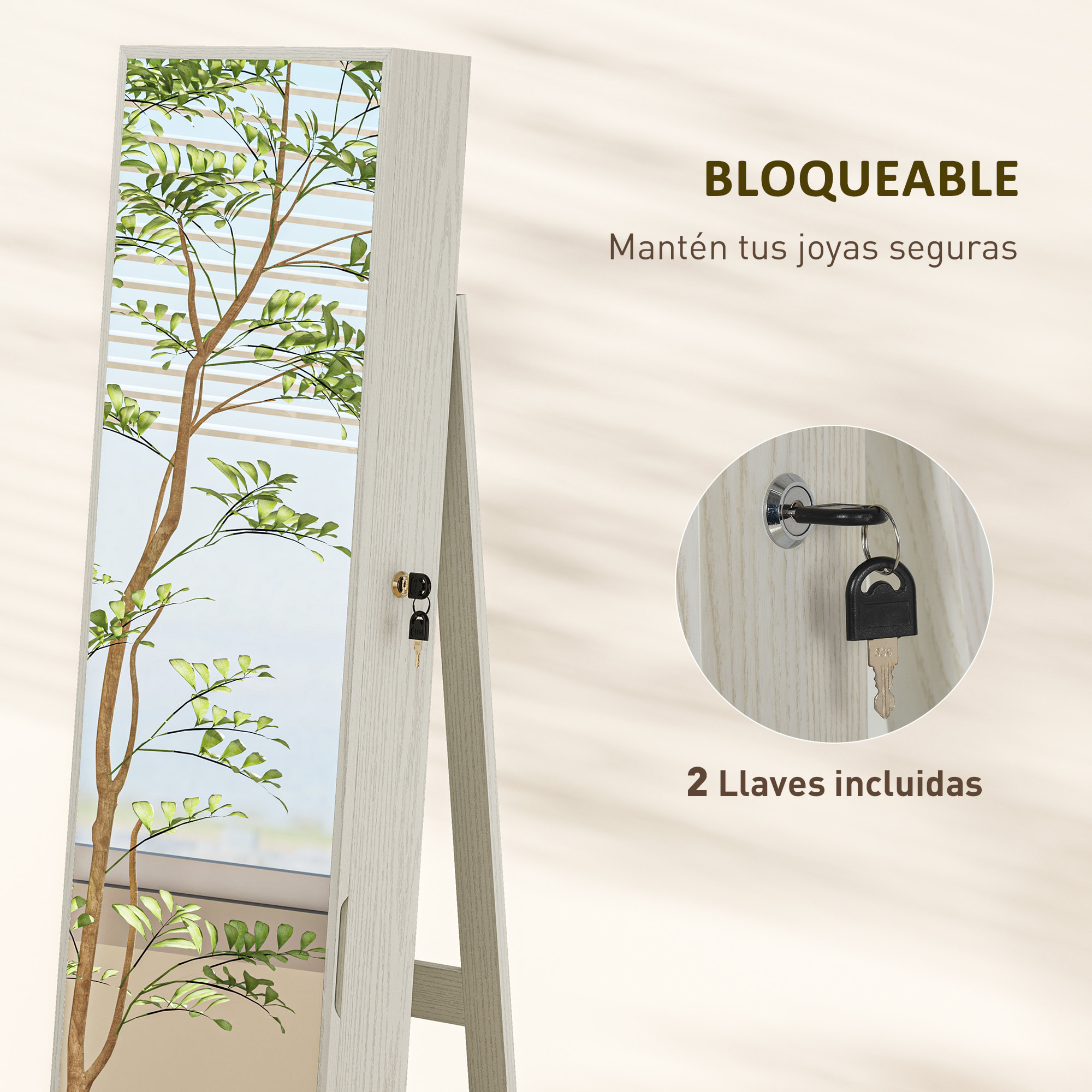 Espejo Joyero de Pie Armario Joyero con Luces LED y Cerradura Armario de Joyas con Espejo Integrada para Dormitorio Blanco con Veta de Madera