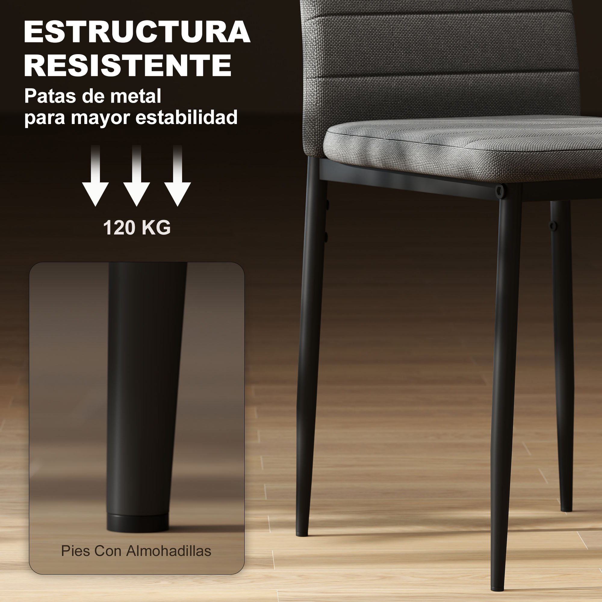 Pack de 6 Sillas de Comedor Modernas, Sillas de Cocina Tapizadas en Lino Sintético con Respaldo Alto y Patas de Metal, para Salón, Gris