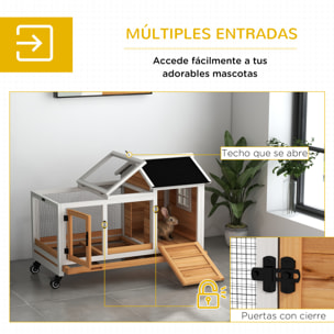 Conejera de Madera con Ruedas Jaula para Conejos con Techo Abatible y Bandeja Extraíble Conejera para Interior y Exterior 108x58x73,5 cm Natural