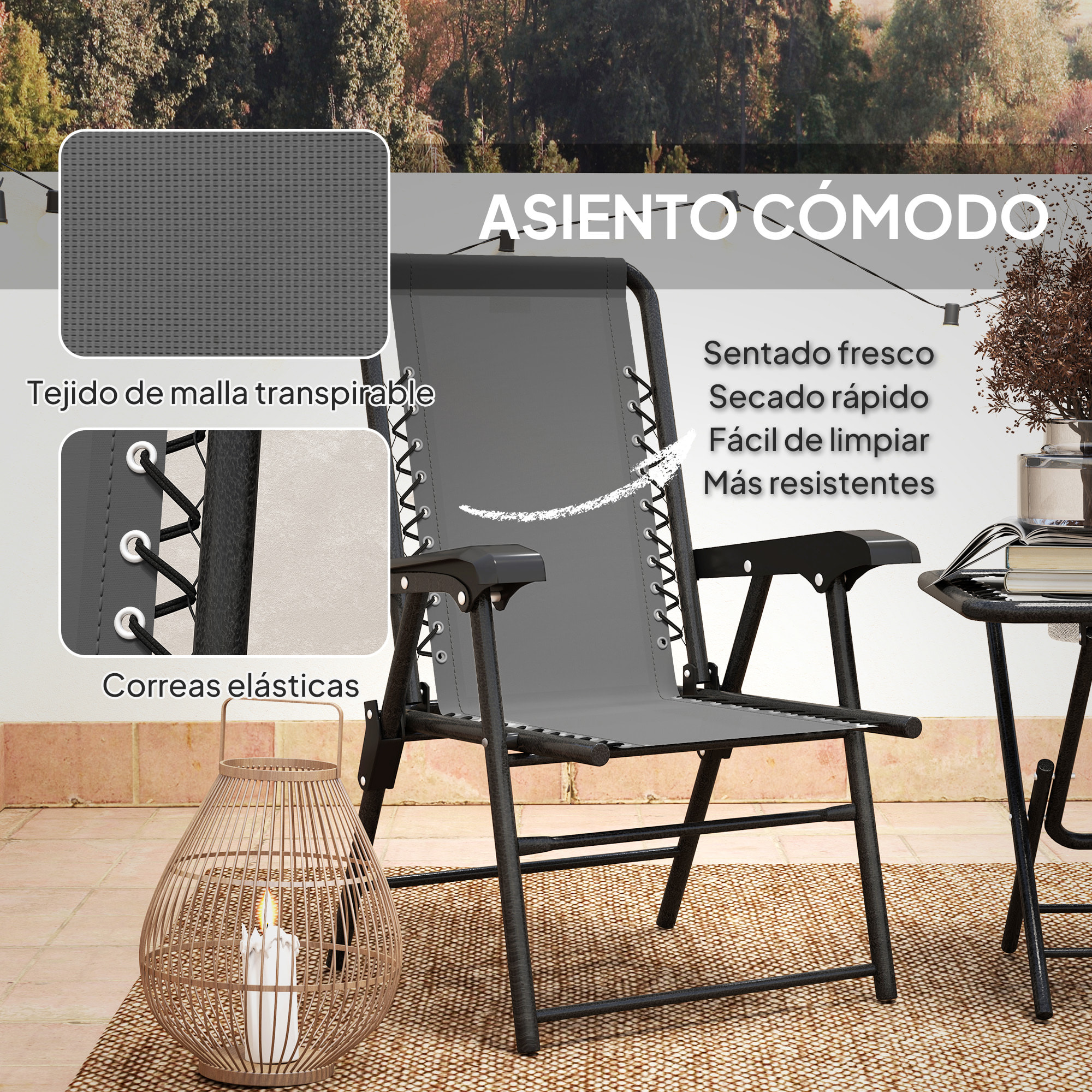 Conjunto de Mesa y Sillas de Terraza Exterior de 3 Piezas Muebles de Jardín Exterior Plegables con Estructura de Acero y Portavasos para Patio Gris Oscuro