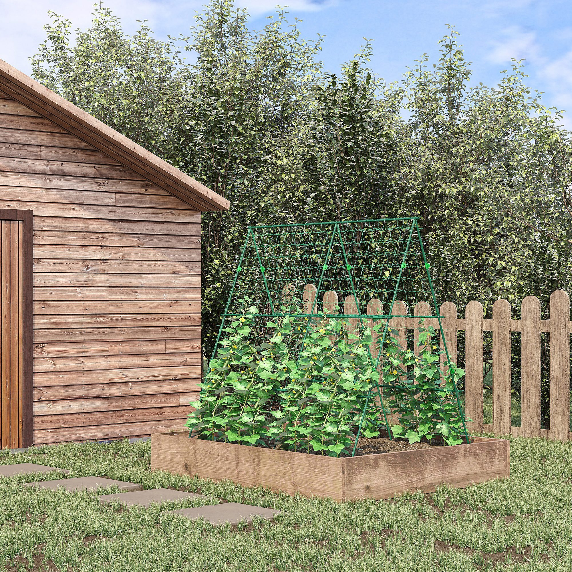 Enrejado de Jardín Triángulo Soporte para Plantas Trepadoras con Marco de Acero para Frutas Verduras Flores Decoración Exterior Patio Terraza 180x100x180 cm Verde