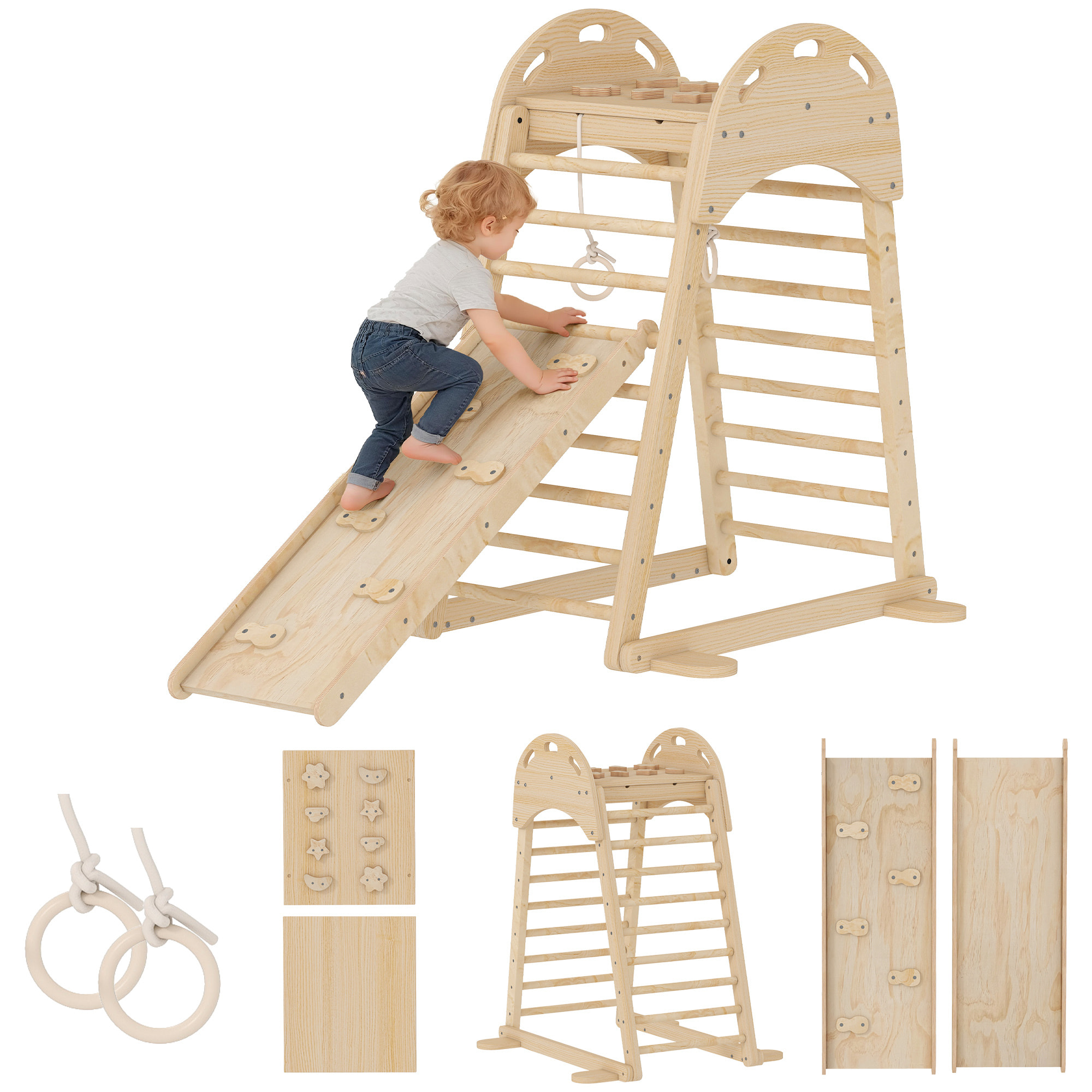 6 en 1 Triángulo de Escalada Montessori, Estructura de Escalada de Madera con Plataforma, Anillos y Tobogán, para Deslizarse o Escalar, para Niños de 18-48 Meses, Interiores, Natural
