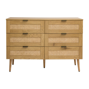 Commode finition bois clair, cannage en rotin et métal noir 6 tiroirs L120 cm MANILLE