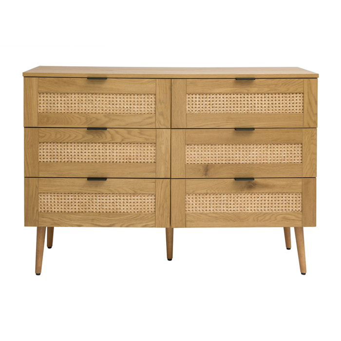 Commode finition bois clair, cannage en rotin et métal noir 6 tiroirs L120 cm MANILLE