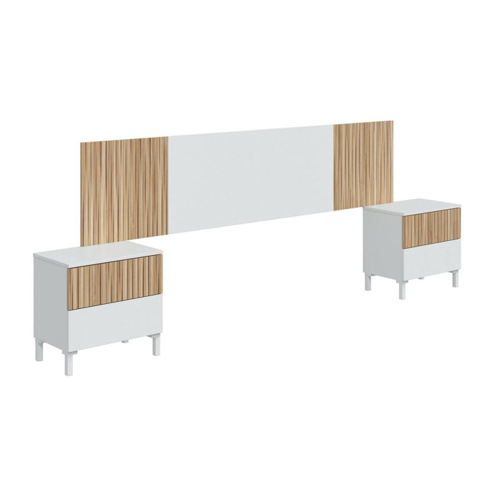 Testiera letto Unala, Spalliera, Testata per camera da letto, Poggiatesta, 216x3 h50 cm, Bianco e Rovere