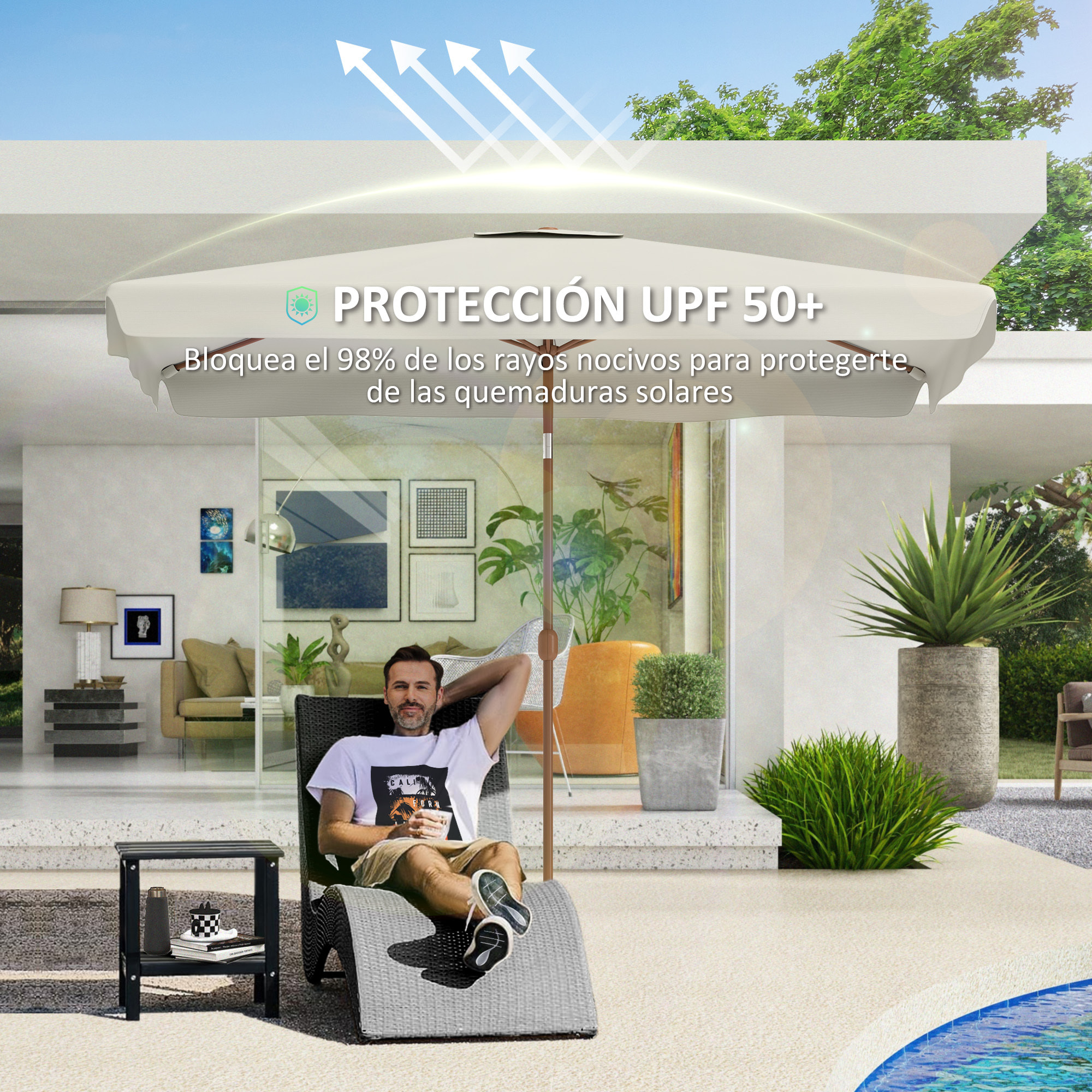 Sombrilla de Terraza Exterior 300x200 cm Parasol de Terraza Exterior con Ángulo Ajustable Mástil de Aluminio Manivela y Protección UV 50+ Sombrilla para Jardín Patio Crema