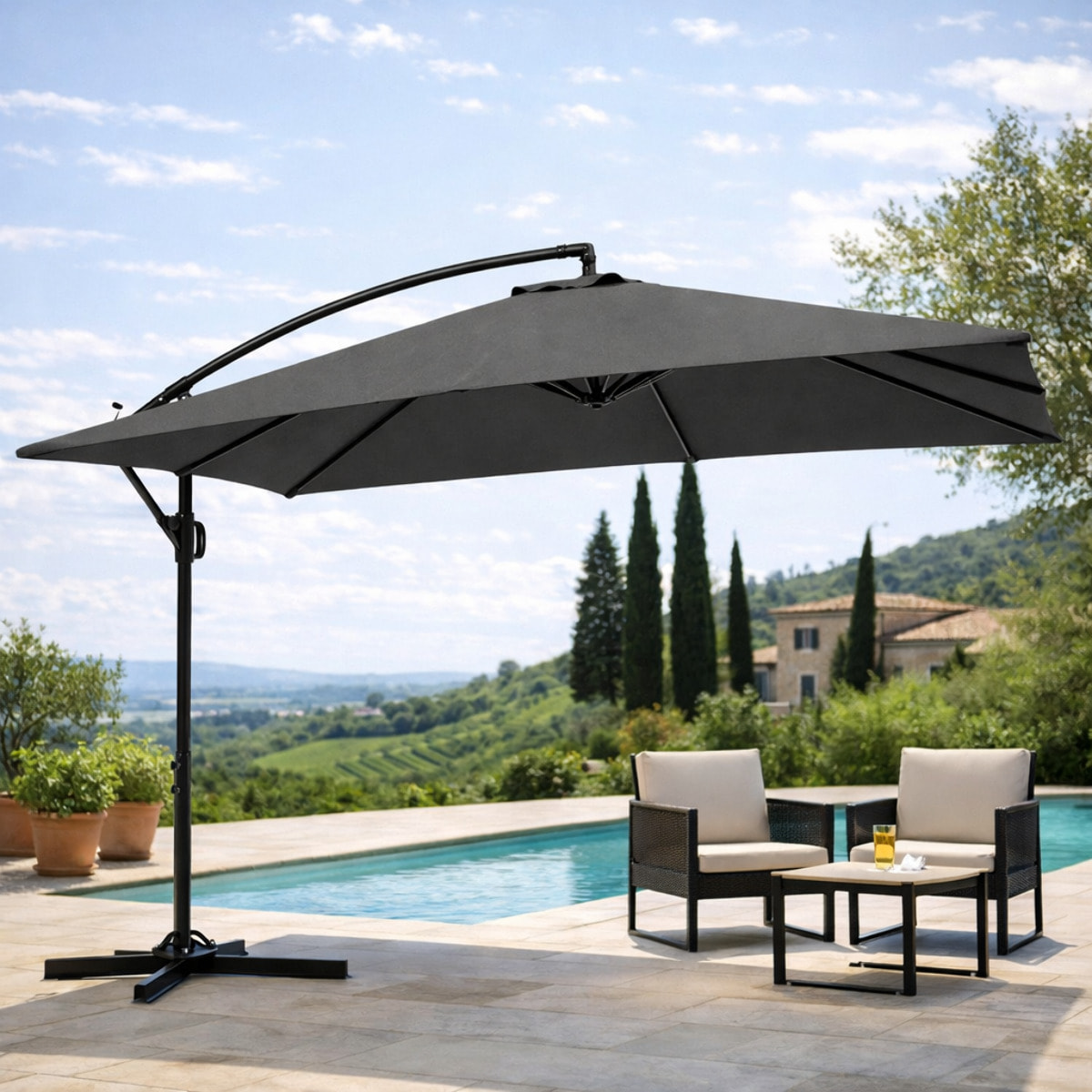 Parasol déporté rectangulaire XXL – Inclinable et rotatif 360°