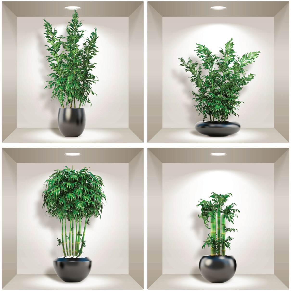 Stickers muraux 3D | Sticker Mural Autocollant effet 3D bambous dans les vases noir - Stickers adhésifs 3D Chambre Salon Trompe l'oeil