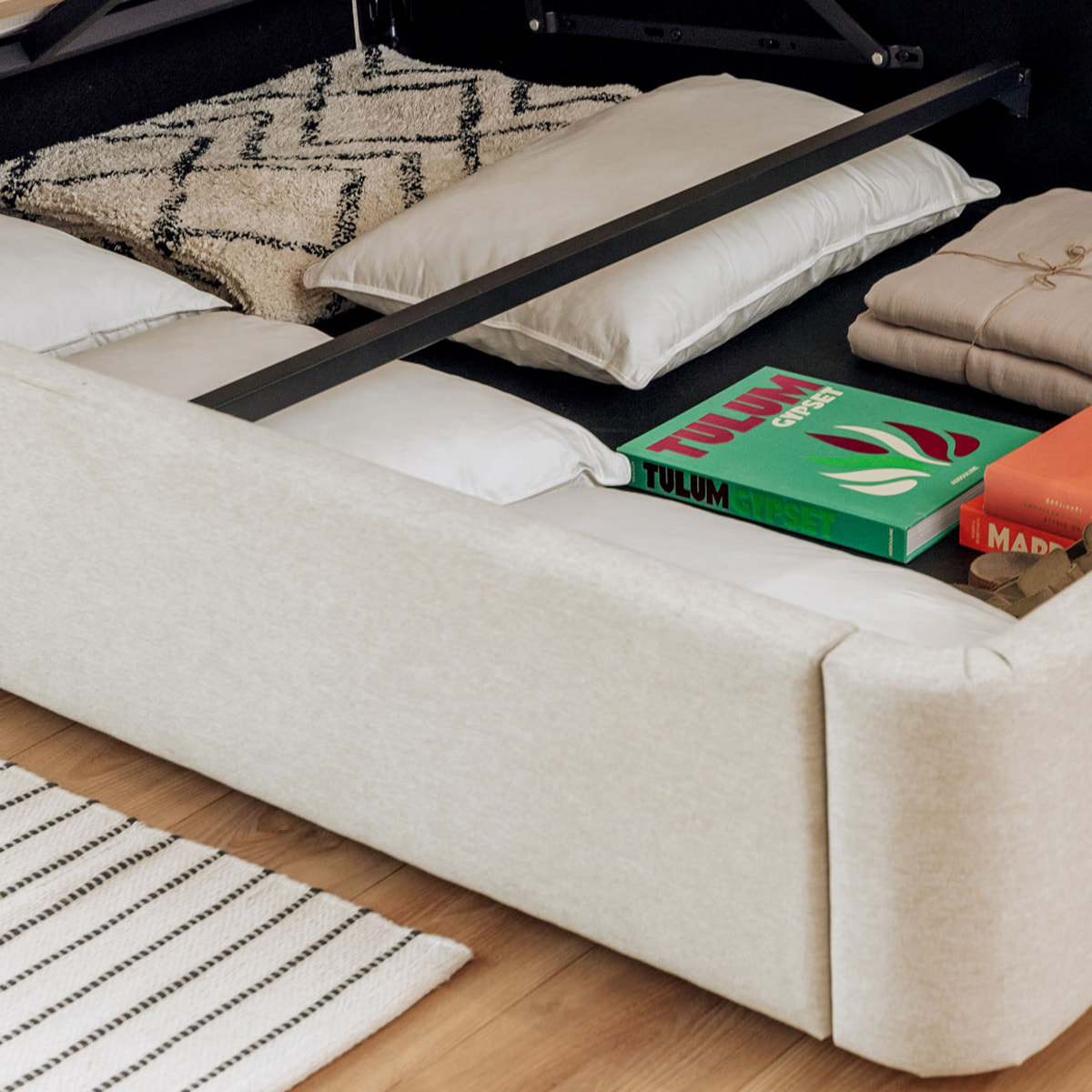 Lit Coffre tissu beige - Hypnia