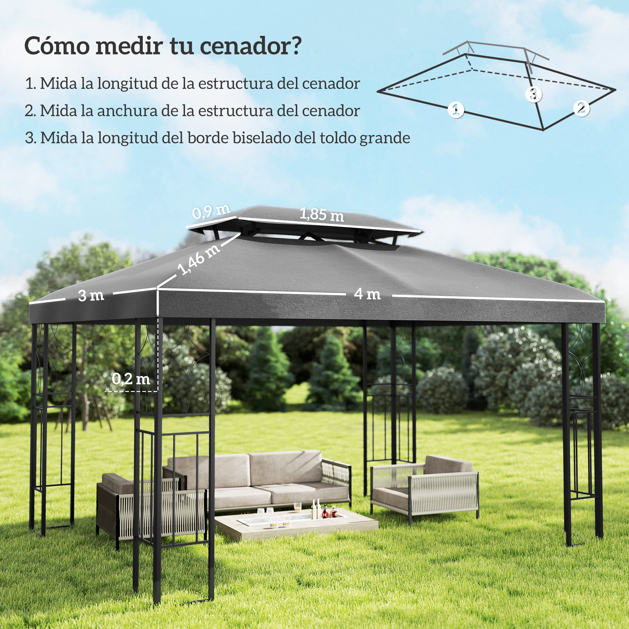 Techo de Repuesto para Cenador, 4x3 m, Cubierta de Repuesto con Techo Doble, 10 Orificios de Drenaje y Protección UV, SOLO Toldo de Recambio para Pabellón Gazebo, Gris Oscuro