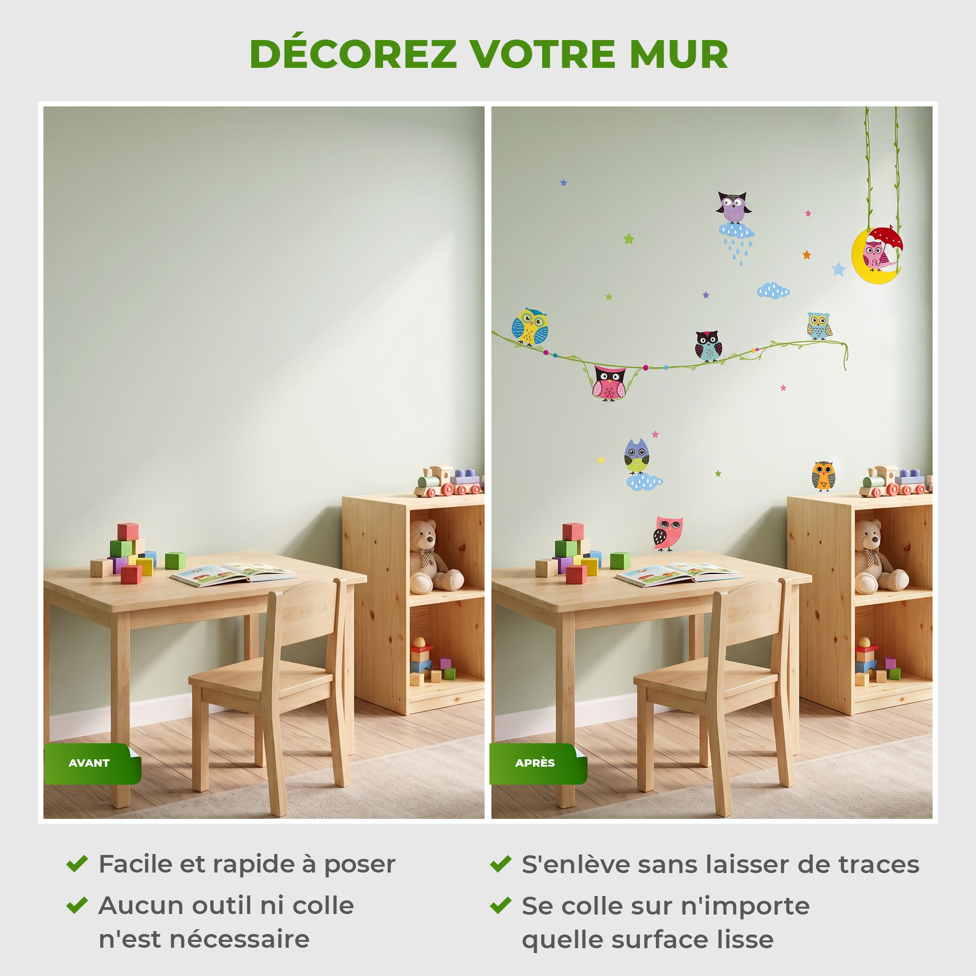 Stickers Muraux décoration adhésifs Hiboux sur Lianes