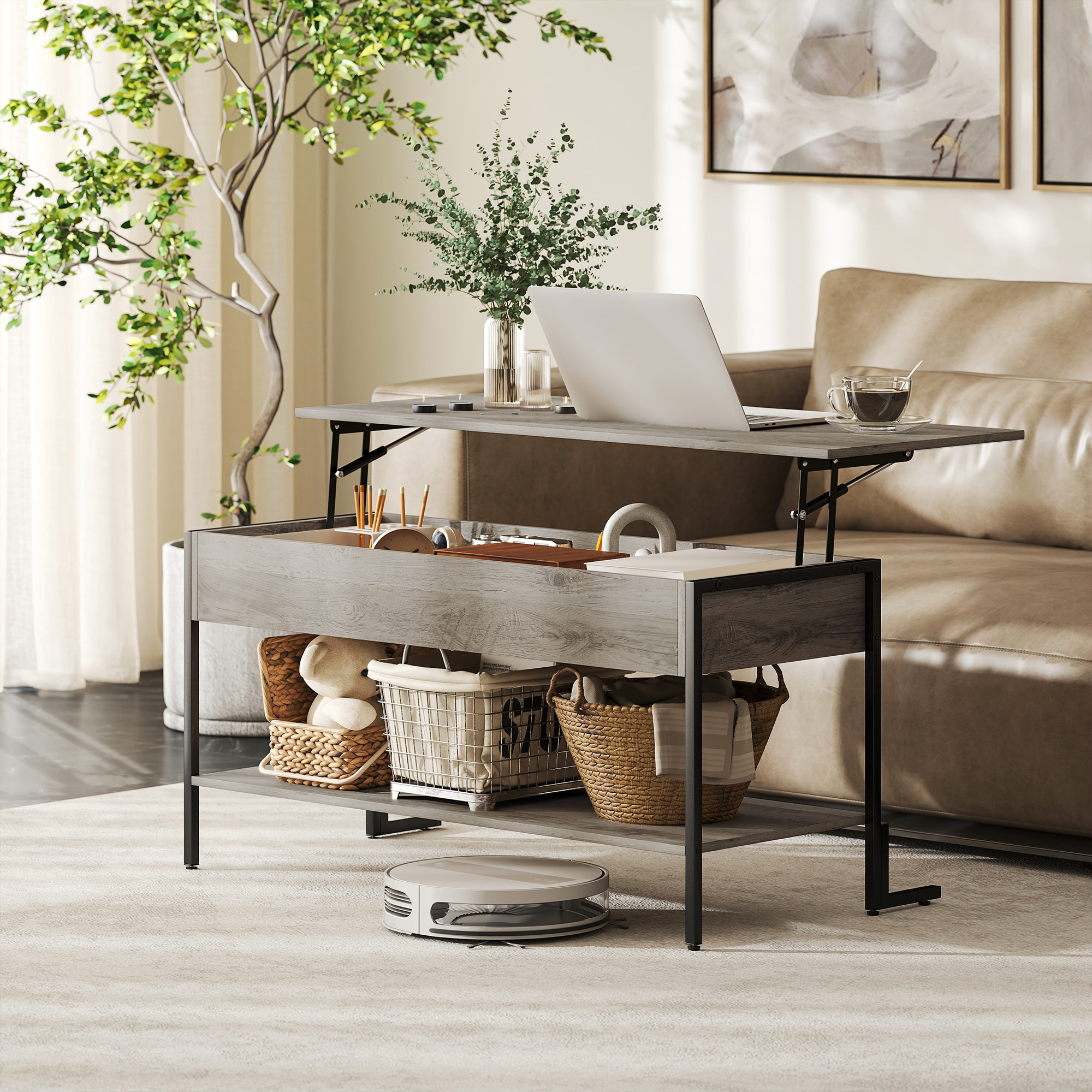 Table basse relevable style industriel - étagère - plateau relevable H.46-59 cm - métal noir effet bois gris