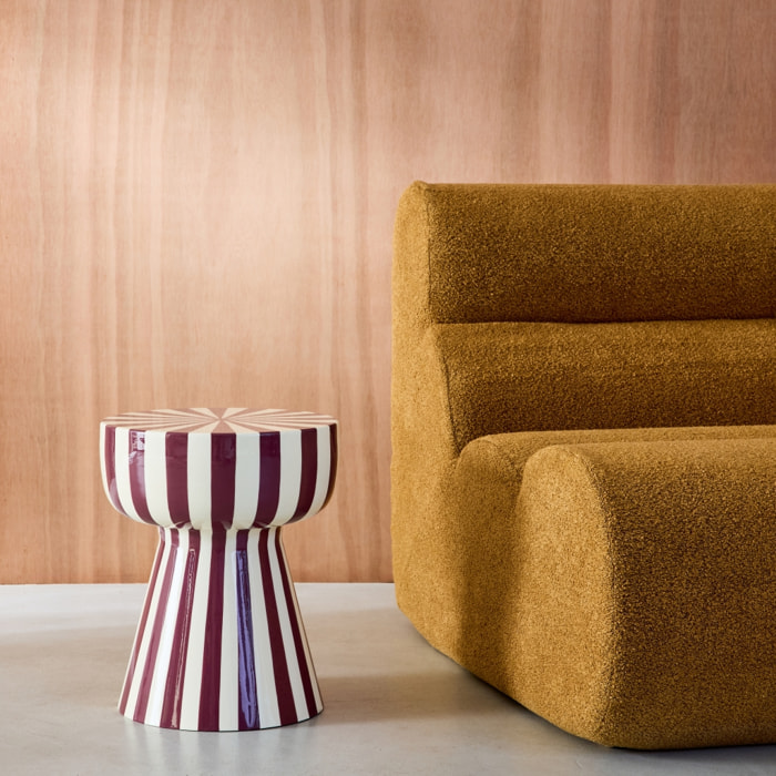 Table d'appoint. bout de canapé. table de chevet. acier émaillé rayures bicolore. violet et blanc. Ø34 x H41cm