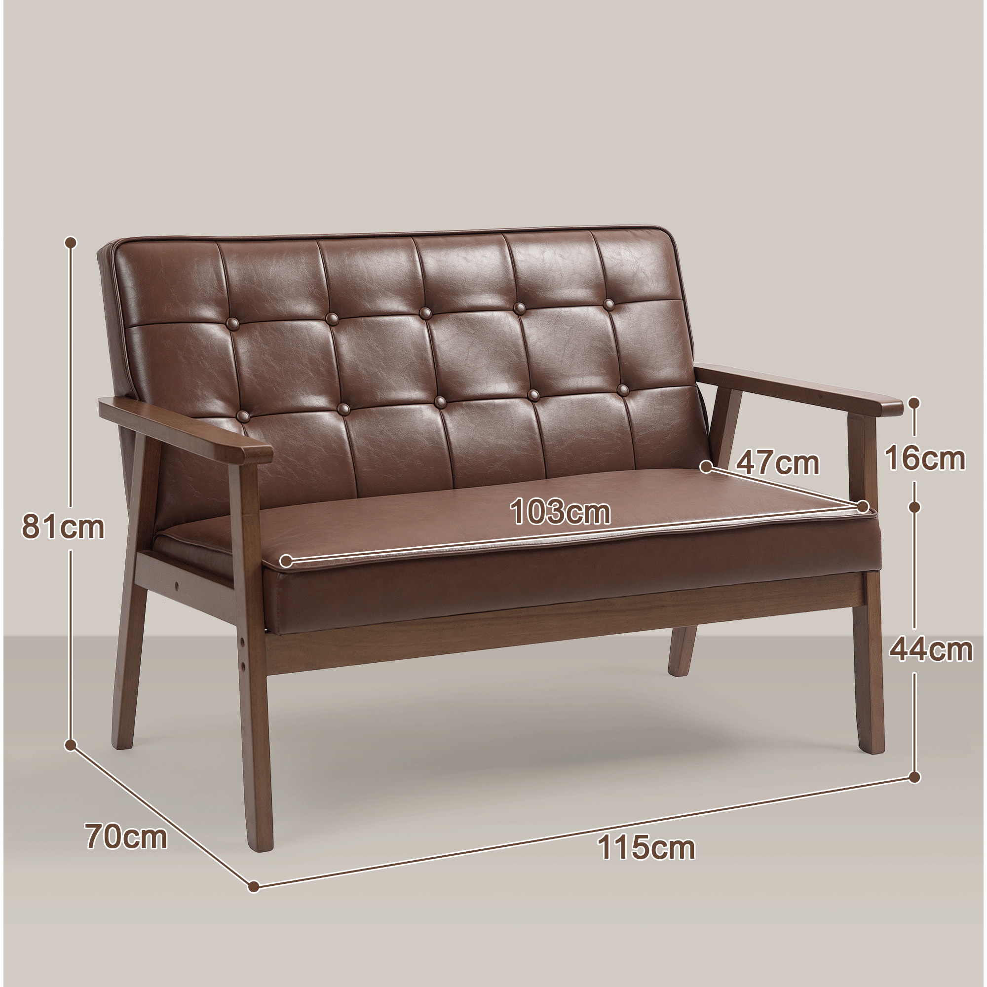 Sofá de 2 Plazas Tapizado en PU Sofá de Salón con Reposabrazos de Madera Respaldo Acolchado Carga 250 kg Sofá Pequeño para Dormitorio Marrón