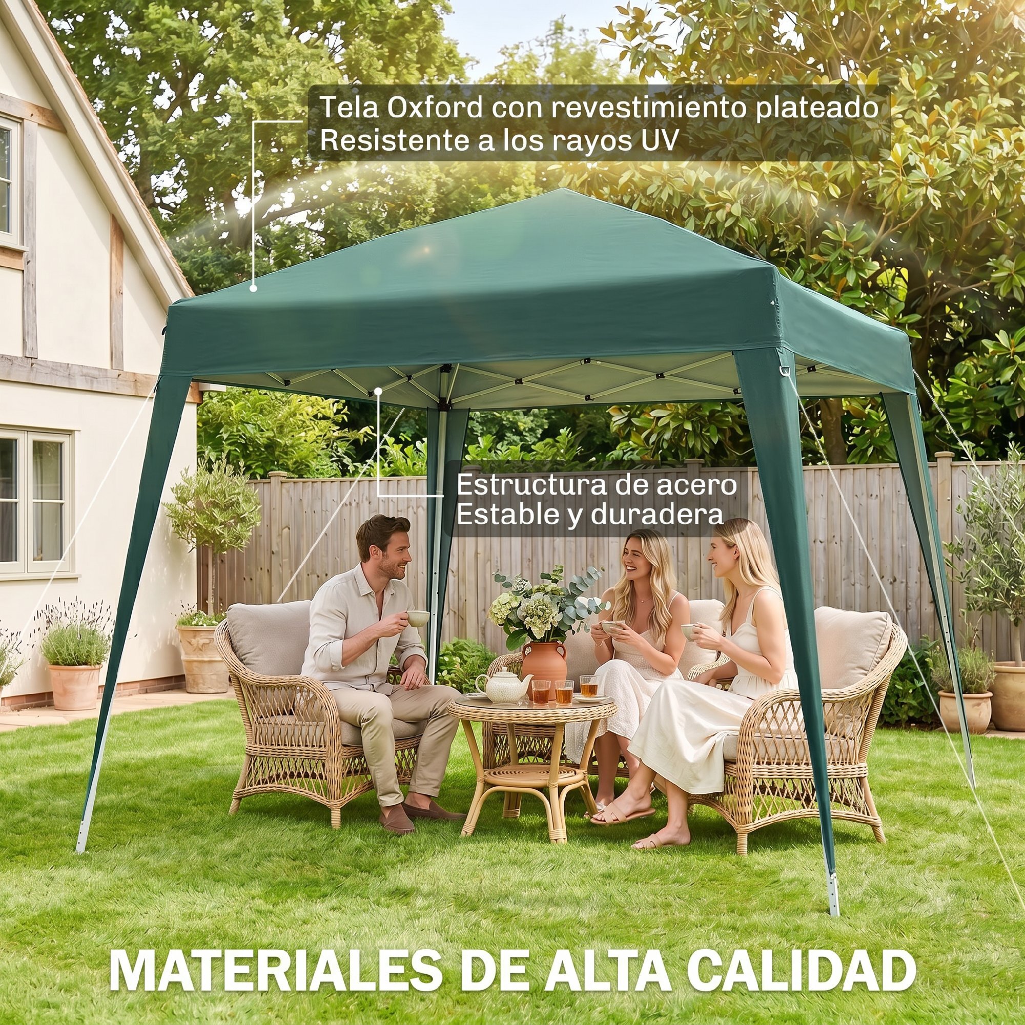 Outsunny Carpa Plegable 2,4x2,4 m, Pop-up, Cenador Pabellón de Jardín, Altura Ajustable con Bolsa de Transporte, Anti-UV, Impermeable, Gazebo para Camping, Fiestas, Exterior, Verde