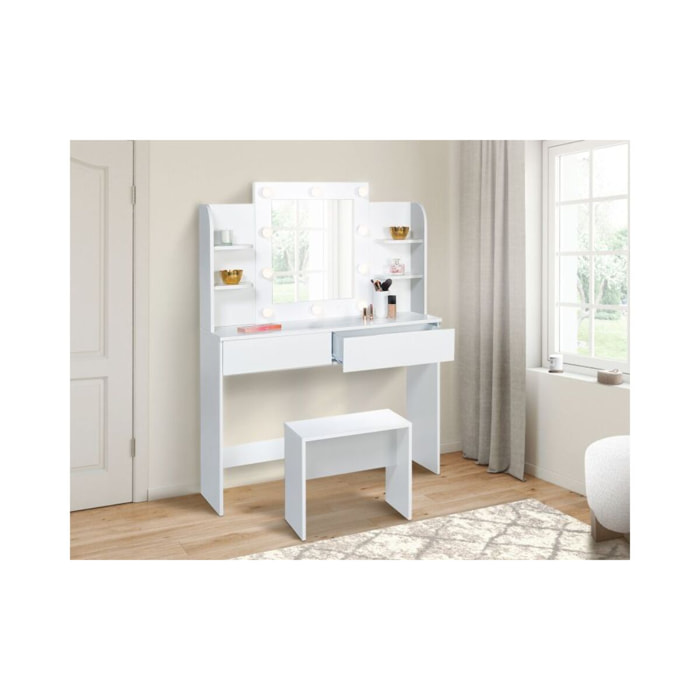 Coiffeuse Zélia blanche avec étagères, miroir LED + tabouret