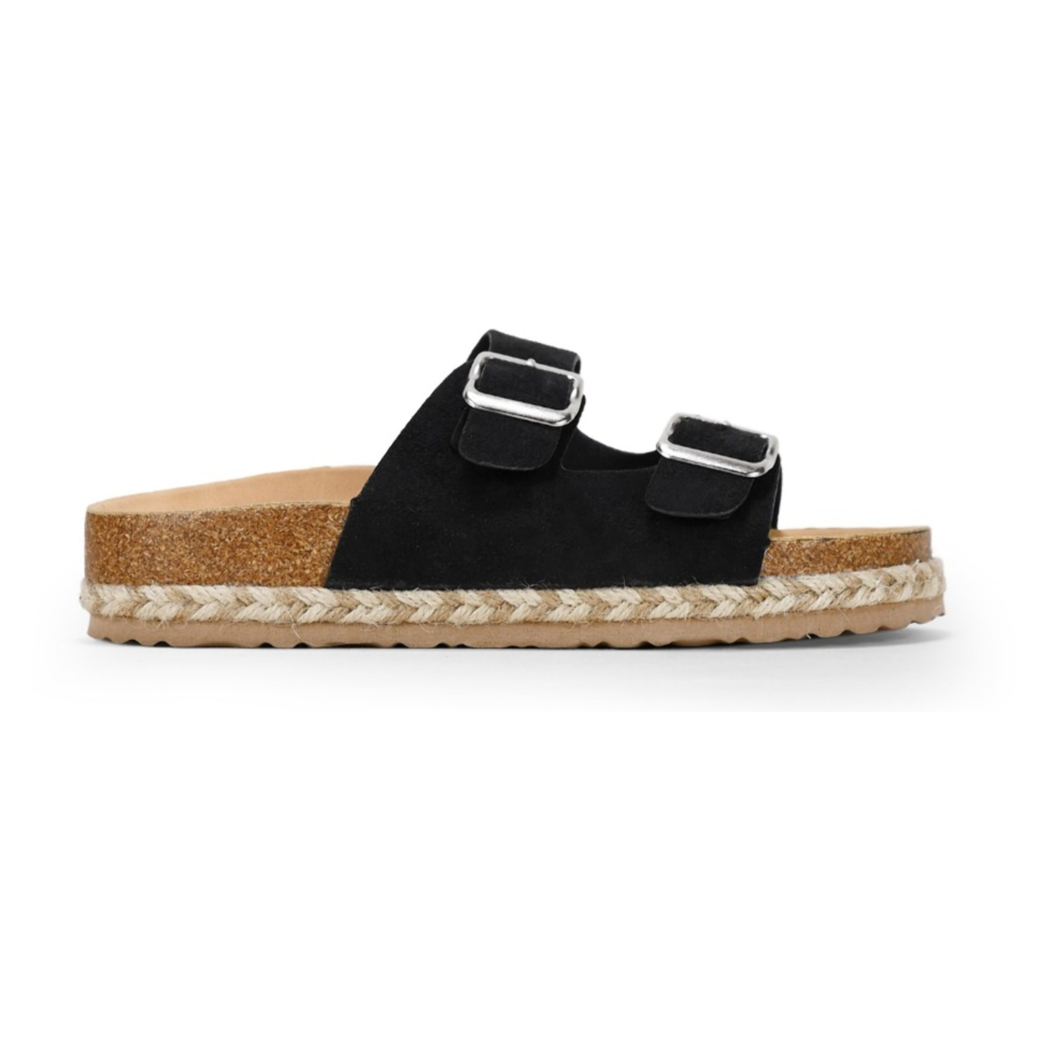 Sandalias planas negras con suela de corcho y esparto