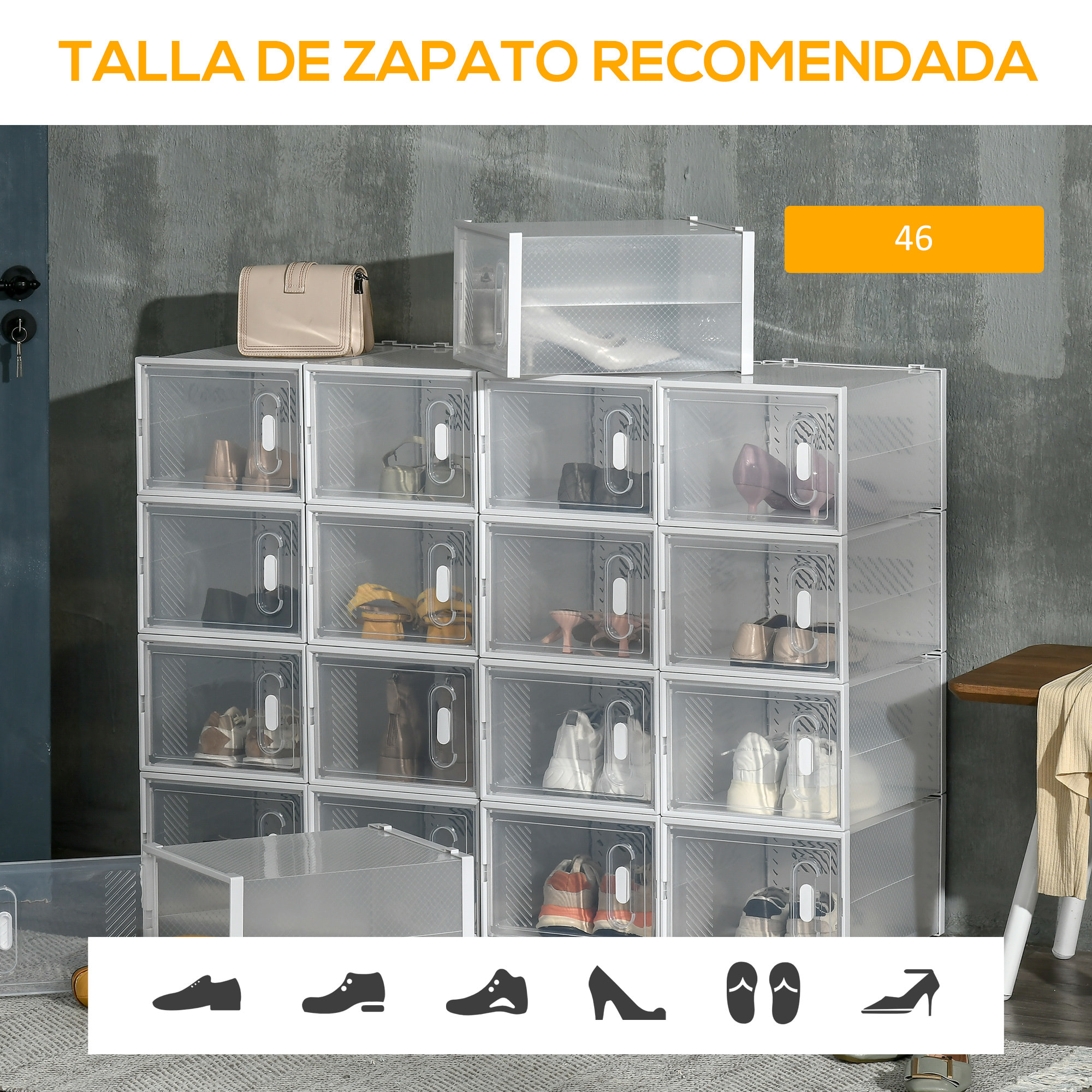 HOMCOM Armario Modular de Plástico Cajas de Zapatos Talla de 45 con 18 Cubos Puertas Magnéticas Muble Organizador para Entrada Pasillo Dormitorio 28x36x21 cm Transparente
