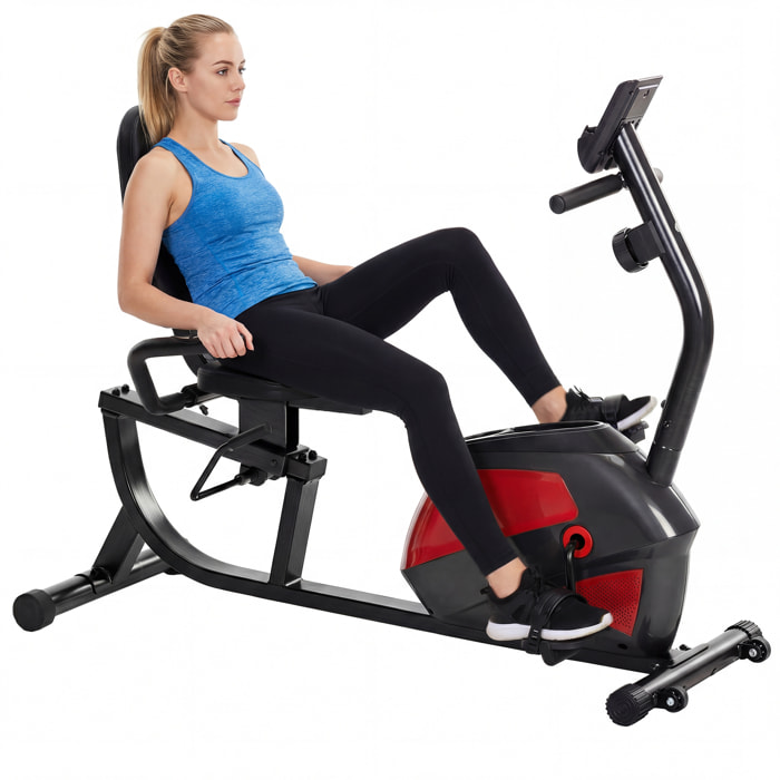 Bicicleta Estática con Respaldo, 8 Niveles Resistencia Magnética, Bicicleta Estática para Casa, con Volante, Asiento Ajustable, Monitor LCD, Pulsómetro, Soporte de Teléfono y Ruedas, Rojo