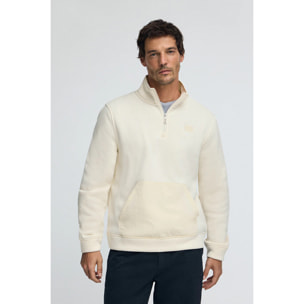 Felpa in pile ecrù con mezza cerniera e logo Polo Club