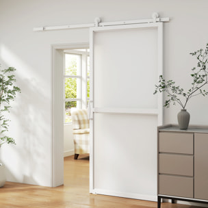 Herrajes para Puertas Correderas 200 cm, Kit de Accesorios para Puerta Corredera con 2 Rieles de Acero al Carbono y Guía de Suelo, para Garaje, Armario, Blanco