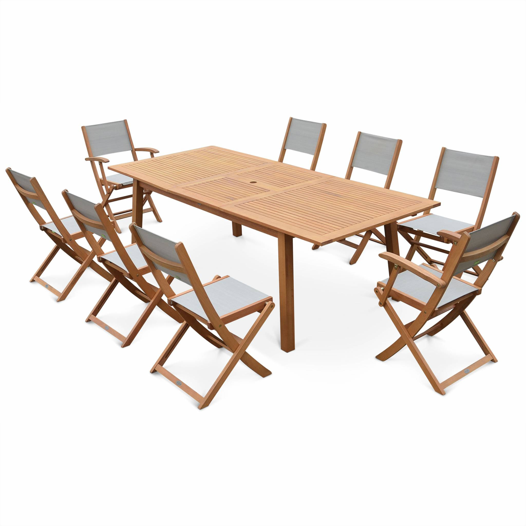 Table de jardin extensible bois d'eucalyptus + 8 assises en bois d'Eucalyptus huilé et textilène gris taupe