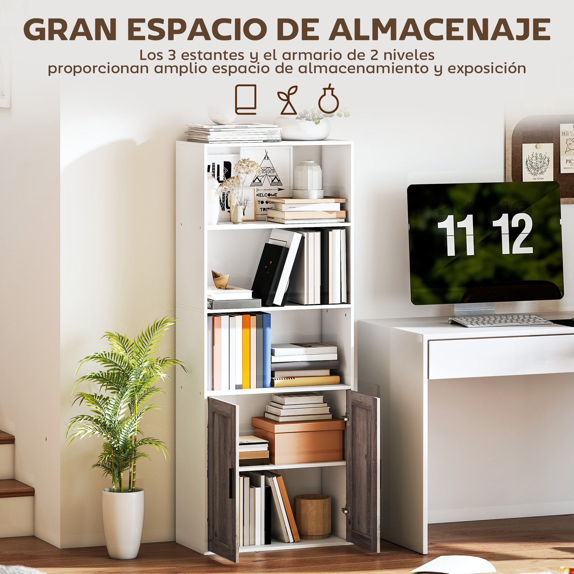 Estantería para Libros Estrecha, Librería con Puertas, Estantes Abiertos y Armario con Balda Ajustable, para Salón, Estudio, Oficina, 60x30x149,5 cm, Blanco y Marrón