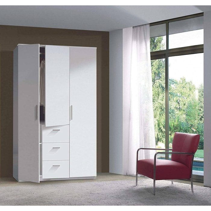 Guardaroba 3 ante Anama, Armadio per camera da letto, Mobile con barra appendiabiti e 3 ripiani, 117x52h203 cm, Bianco