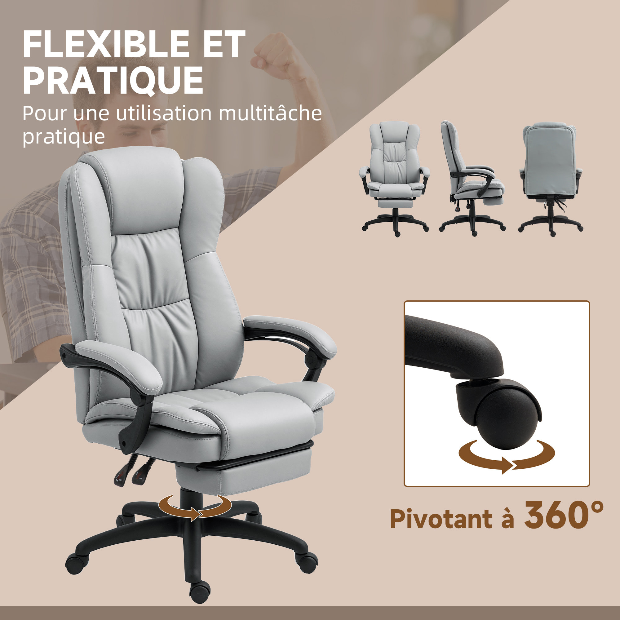 Fauteuil bureau massant inclinable réglable repose-pieds rétractable grand confort synthétique gris