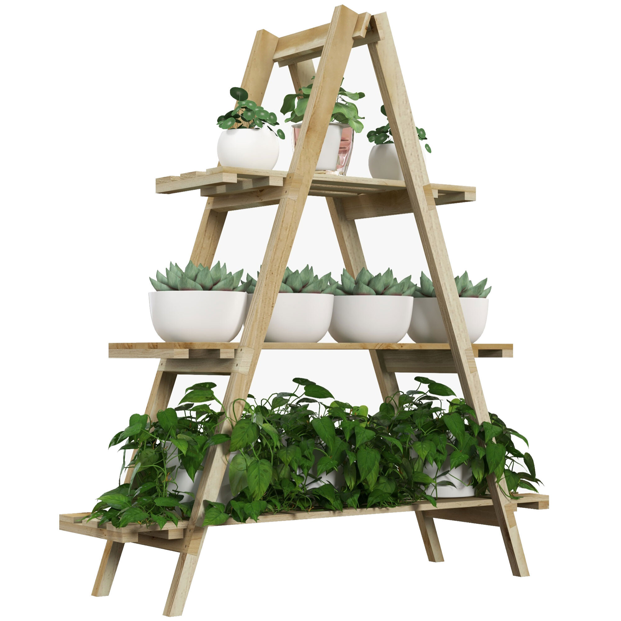 Estantería para Plantas Plegable de Madera Soporte para Macetas de 3 Niveles con Marco en A para Exteriores Interiores Salón Jardín Balcón 100x36x112 cm Natural