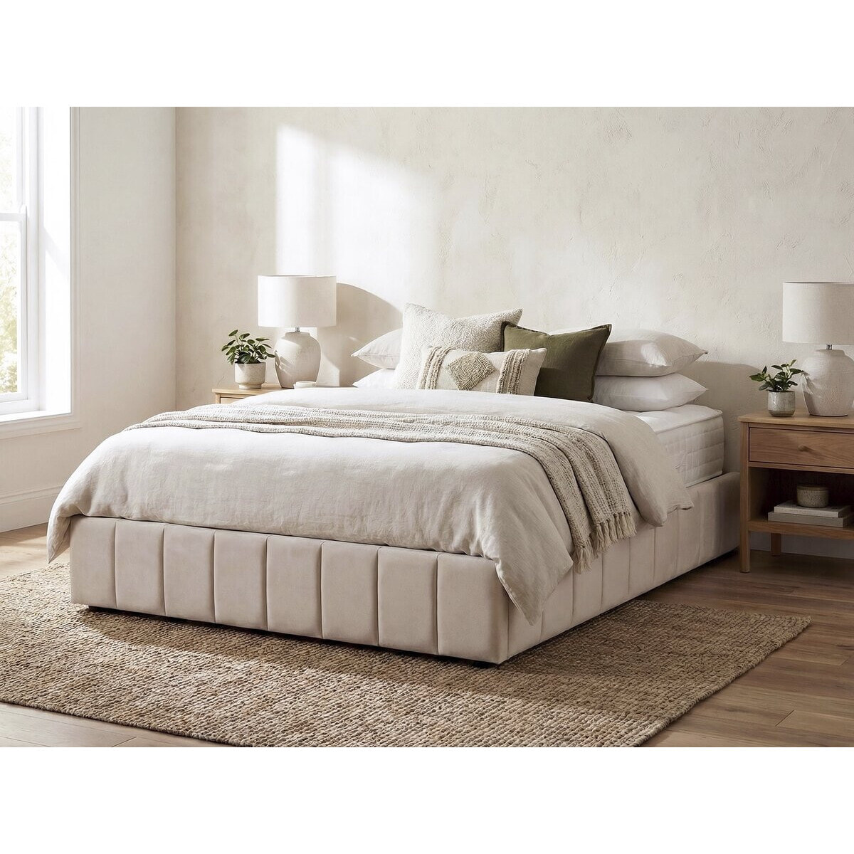 Lit double en velours avec coffre et sommier "Meribel" - Beige - 160 x 200 cm