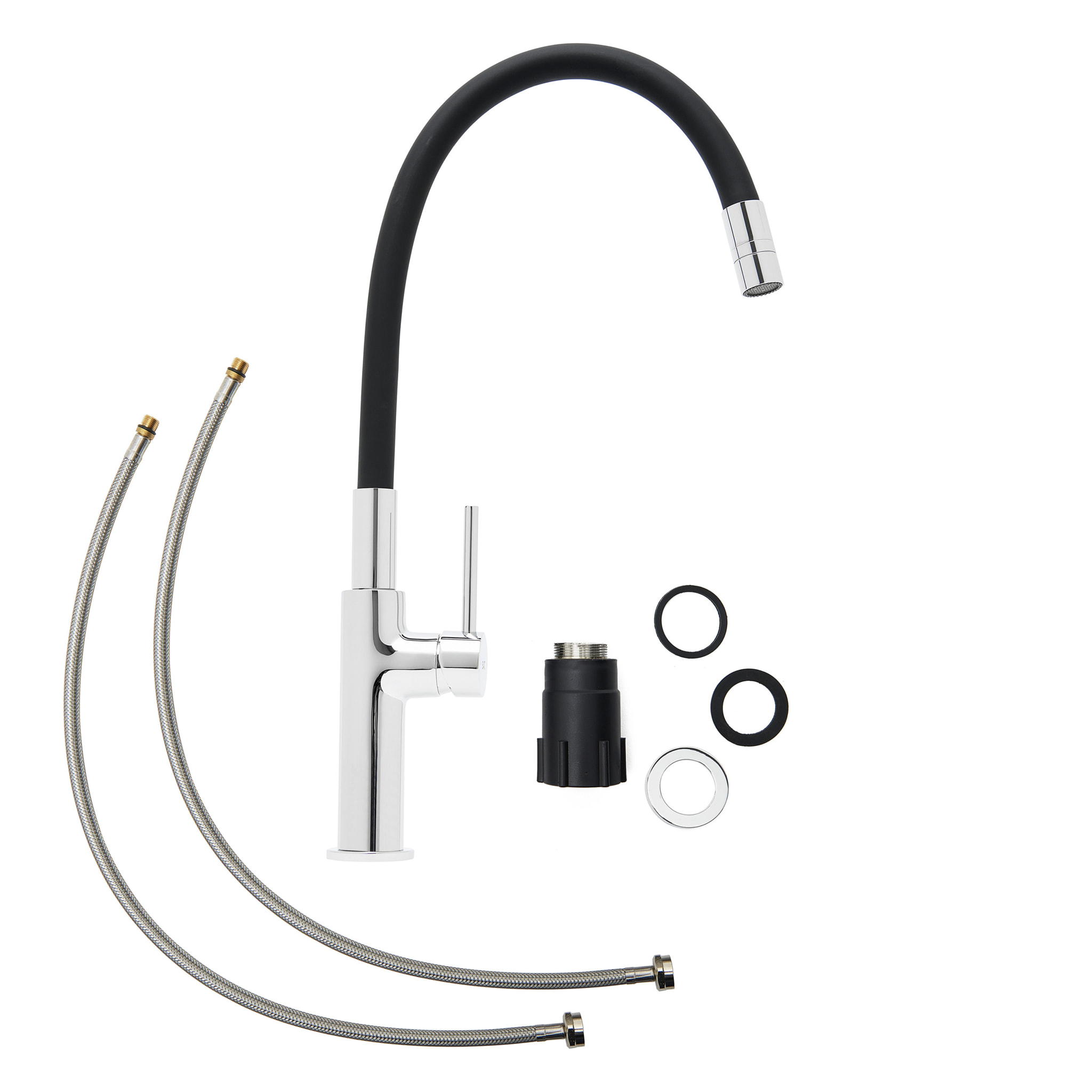 Mitigeur pour évier de cuisine, bec flexible en silicone, aérateur Neoperl®, cartouche en céramique, noir/chrome (SATBSD290C)