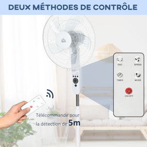 Ventilateur sur pied Ø 44 cm hauteur réglable oscillant silencieux 45 W avec télécommande minuterie 3 modes 3 vitesses blanc