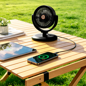 Ventilador para exteriores F32. Con 5 velocidades y 4 alturas. Batería de larga duración con función powerbank. Incluye panel solar y lámpara LED.