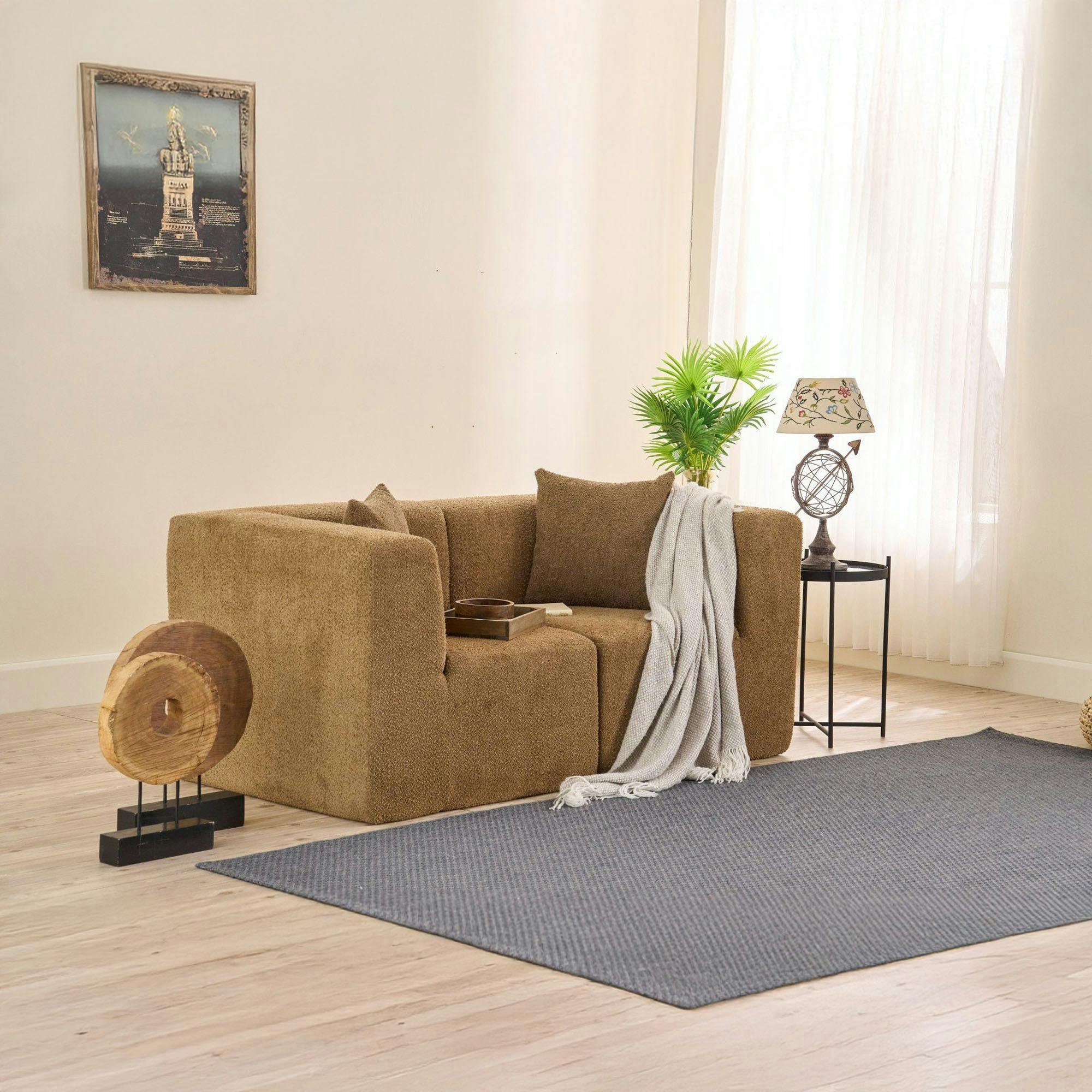 Canapé 2 places compact marron tissu chenille PLOVIA