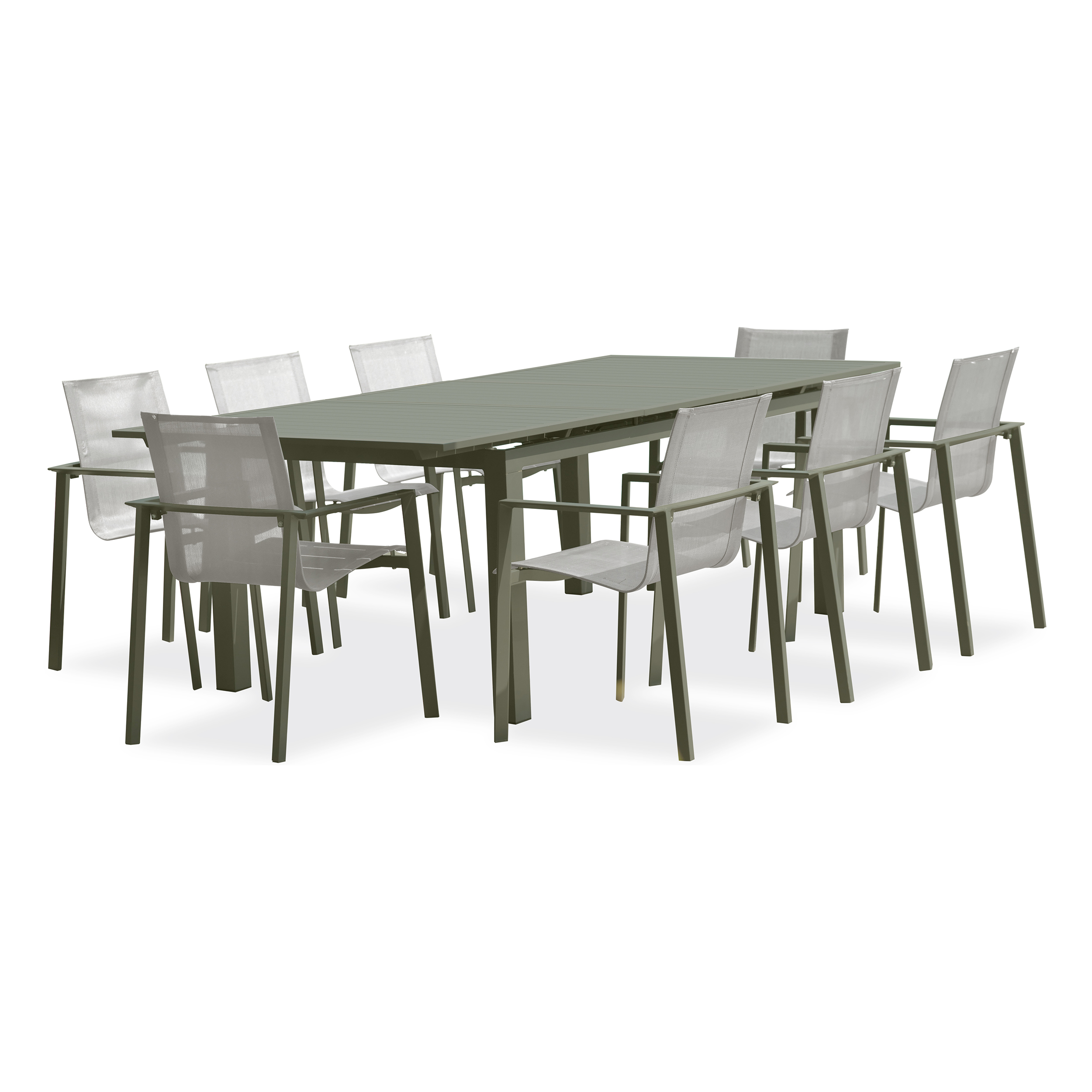 MIAMI - Ensemble repas de jardin 8 places en aluminium kaki