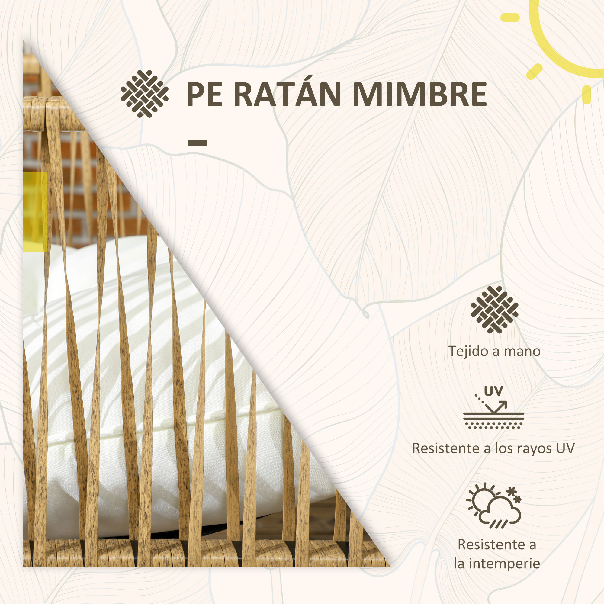 Conjunto Jardín Exterior de Ratán, Muebles Jardín Exterior para 4 Piezas, Muebles Terraza con 1 Sofá de 2 Plazas, 2 Sillones, Cojines y 1 Mesa de Tablero de Vidrio, para Patio, Crema y Marrón