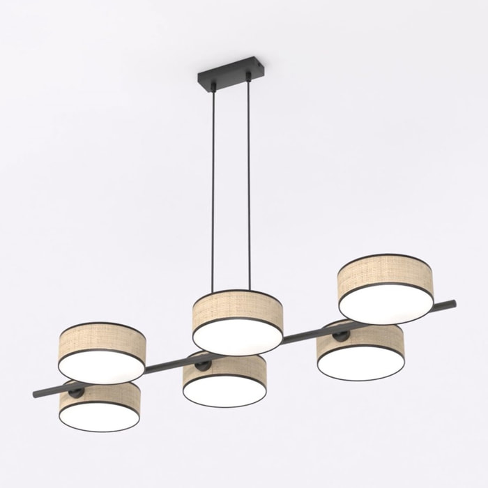 Lampada a sospensione Drumz in acciaio nero e rattan