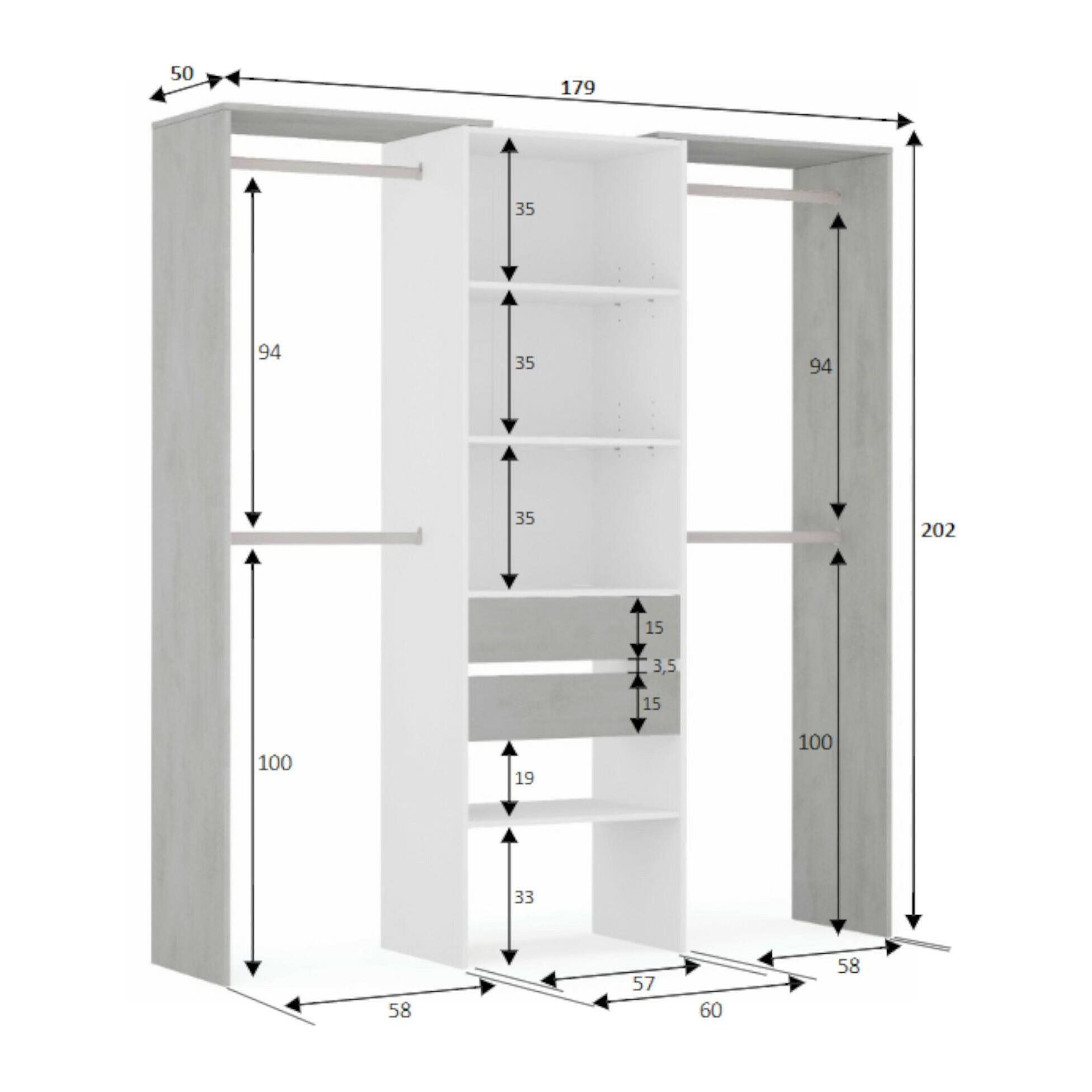 Guardaroba Miramar, Struttura per cabina armadio, Armadio aperto senza ante, Cabina armadio, cm 179x50h202, Bianco e Cemento