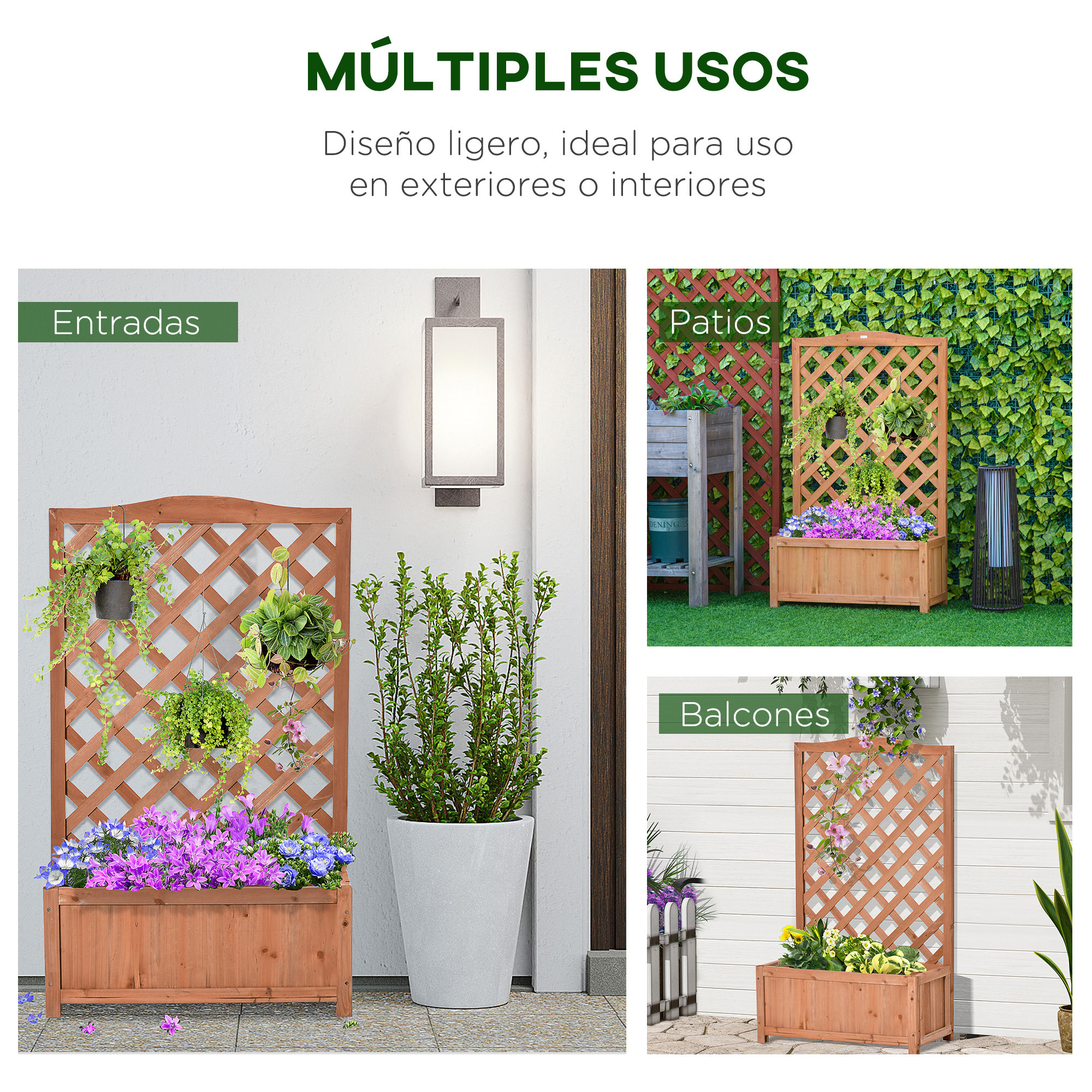 Jardinera con Enrejado de Madera Maciza Arriate Macetero con Soporte para Trepadora Cultivos Plantas Flores para Terraza Jardín Exterior 70x28x117 cm Marrón