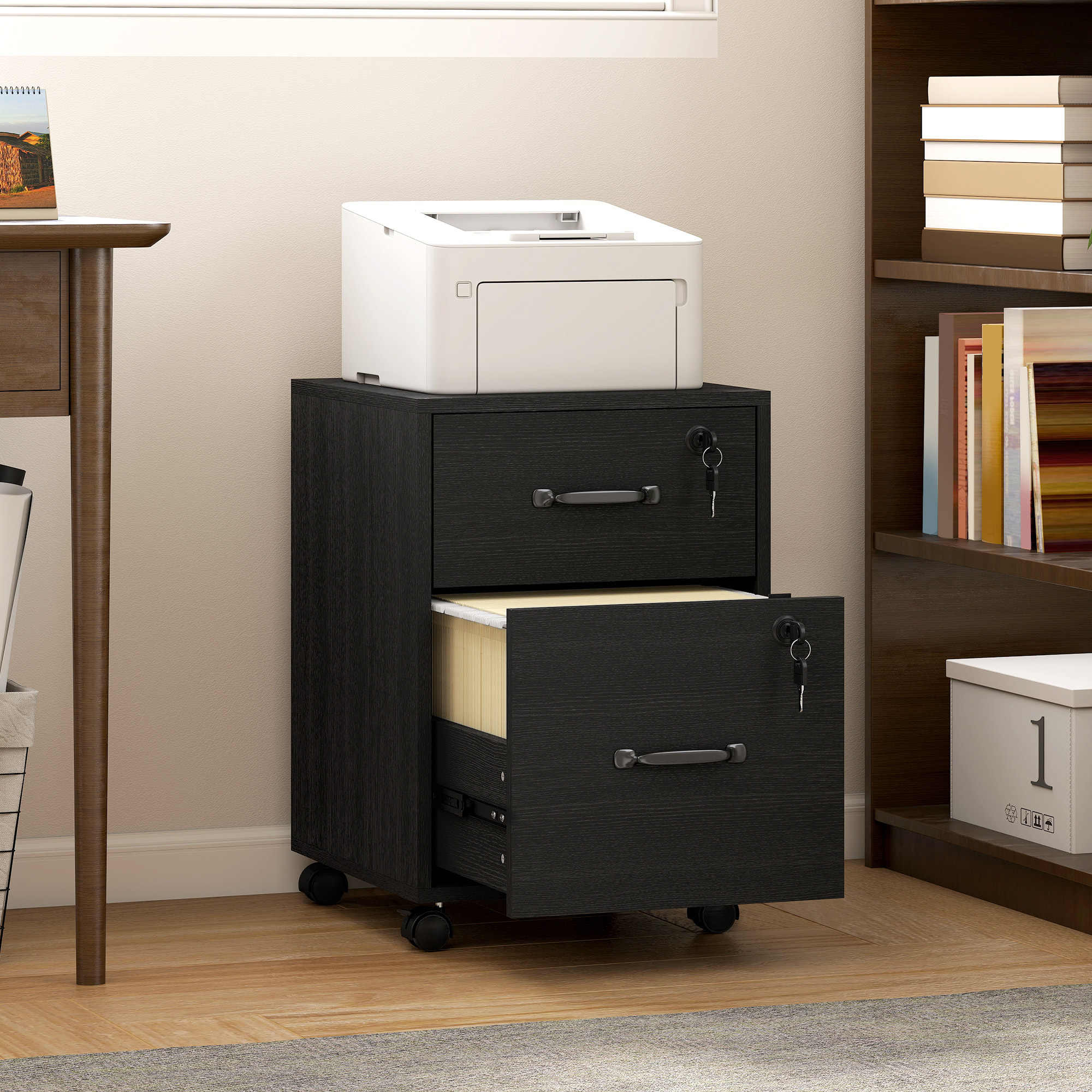 Caisson bureau verrouillable mobile 2 tiroirs coulissants trieur dossiers effet bois noir