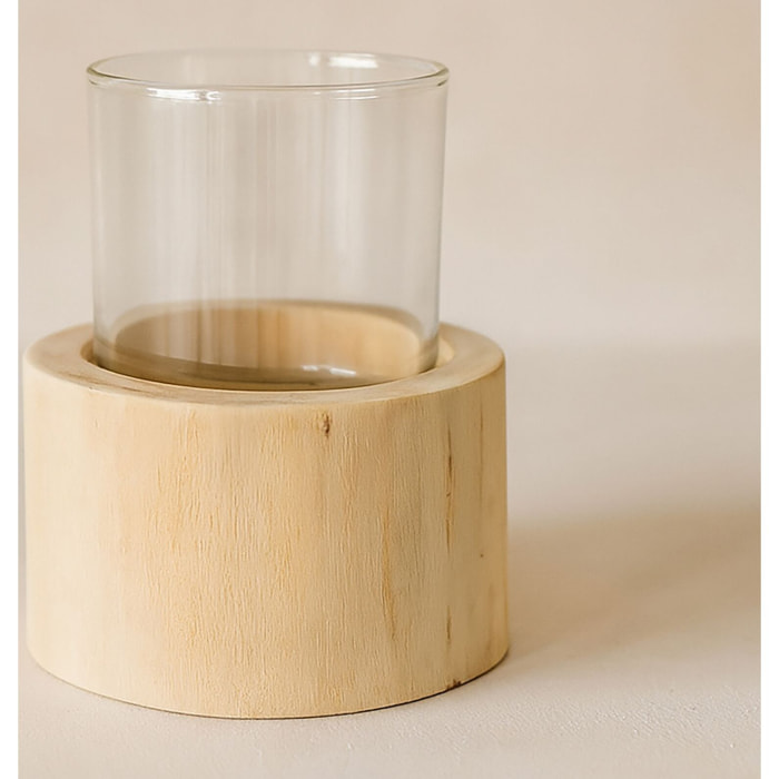 Photophore en verre avec base en teck