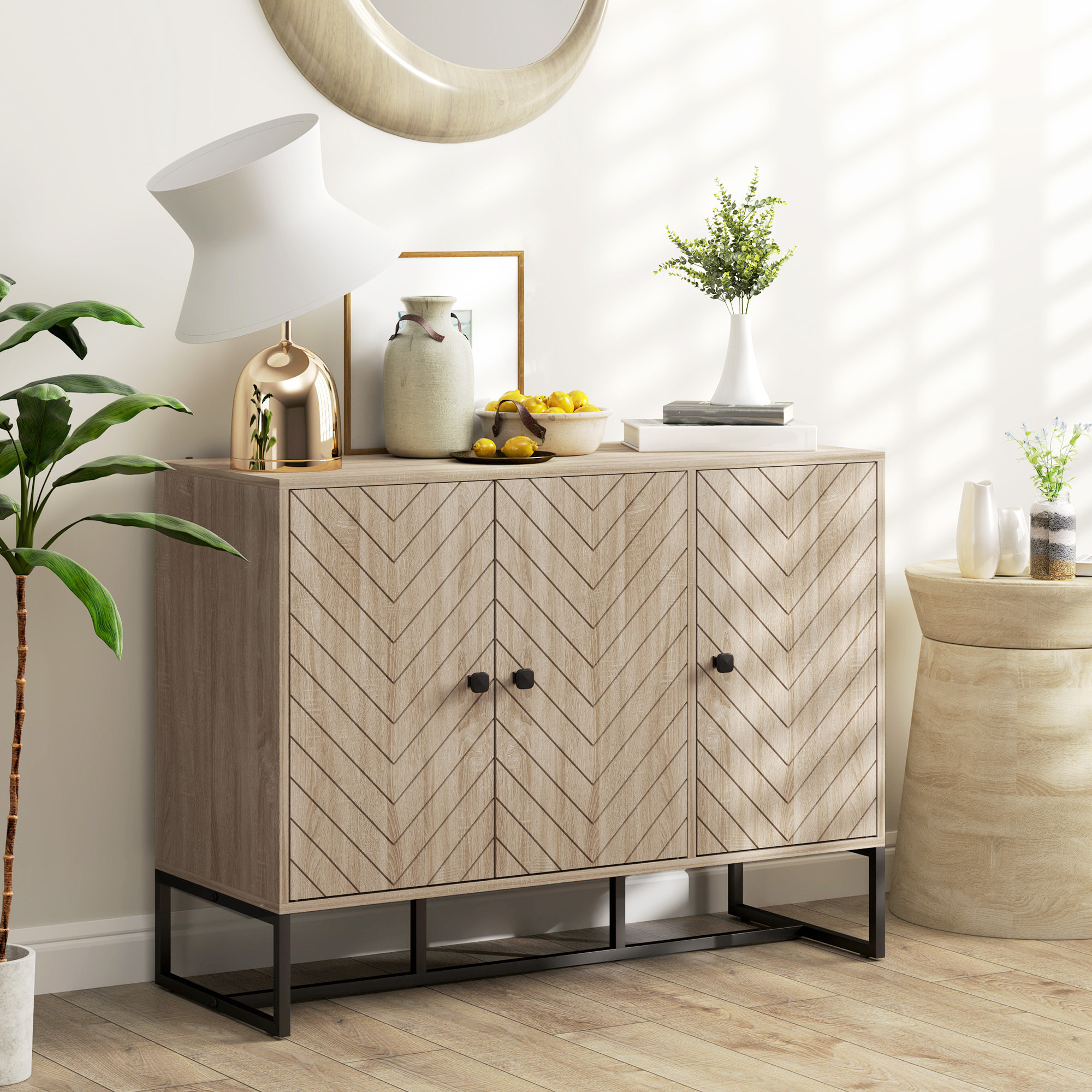 Buffet design motif à chevrons 3 portes 2 étagères dim. 108x40x80cm acier noir effet chêne clair