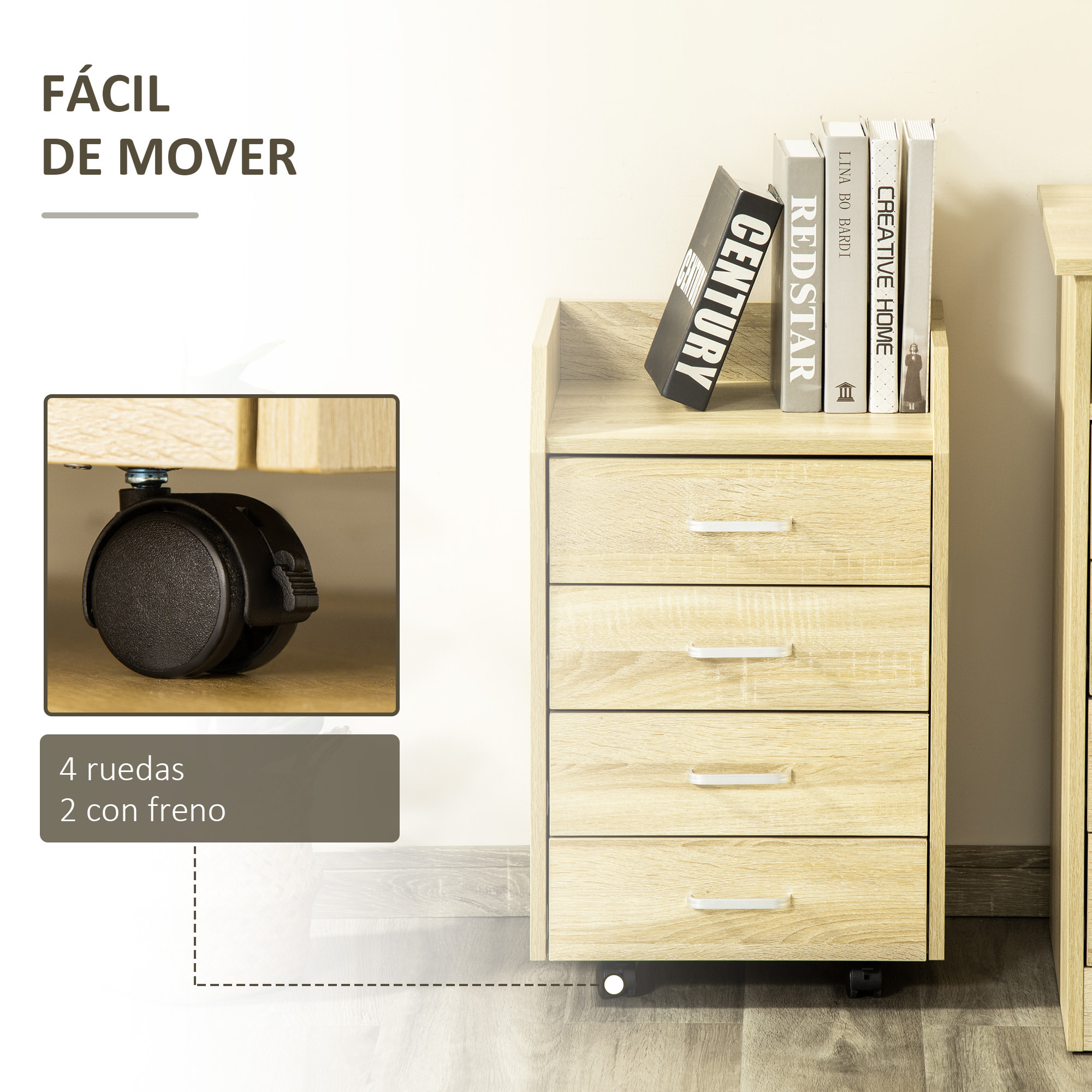 Cajonera de Oficina Mueble Auxiliar para Archivos con 4 Cajones Encimera Superior de Almacenaje 4 Ruedas y 2 Frenos para Estudio Despacho 40x36x65 cm Natural