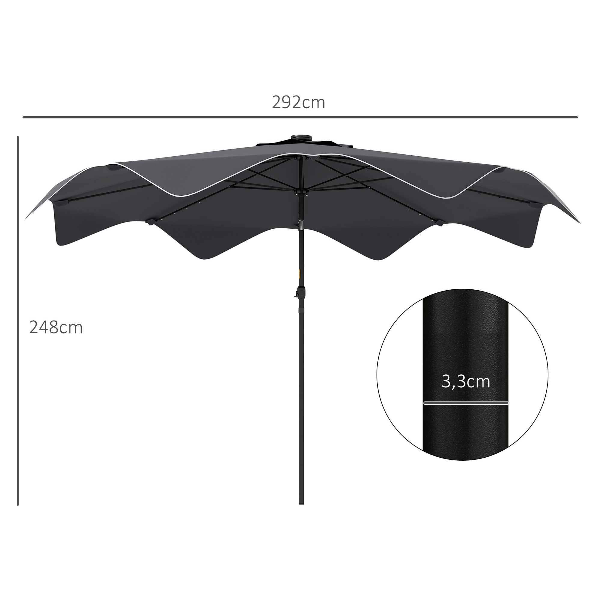 Sombrilla de Jardín Ø292x248 cm Parasol de Terraza Manual con 32 Luces LED Solares 8 Varillas Impermeable y Rejillas de Ventilación para Patio Balcón Gris Oscuro