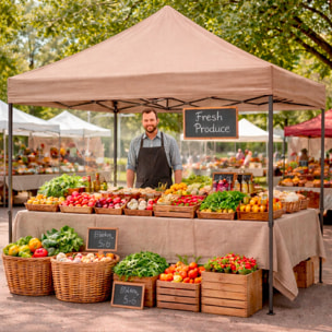 Gazebo Professionale 3x3 M Richiudibile Automatico In Acciaio Con Telo Oxford 1200D PVC Impermeabile e Anti UV A Fisarmonica con Sacche Tortora